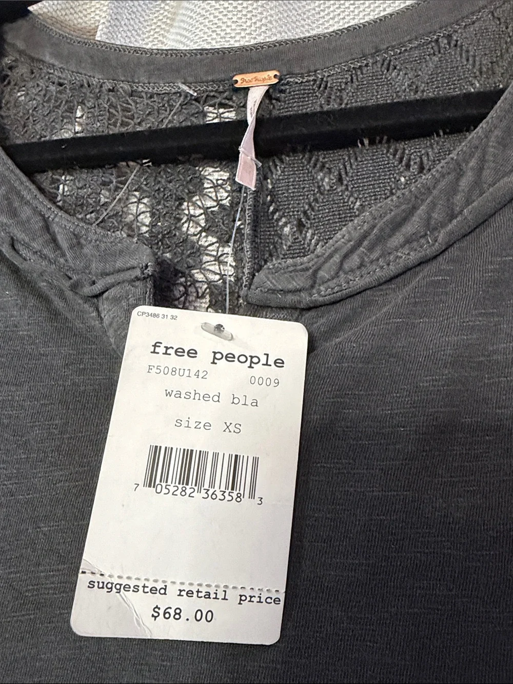 Free People Charcoal Lace-Panel Long Sleeve Top